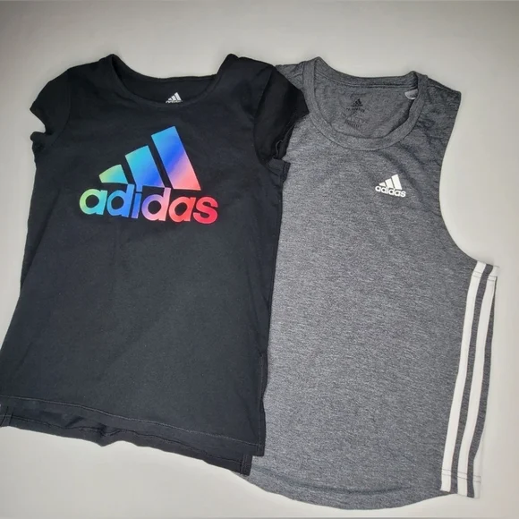 Adidas Girls Size 14 Lot 2 Top Black Logo Tee Gray Tank Small - Picture 1 of 12